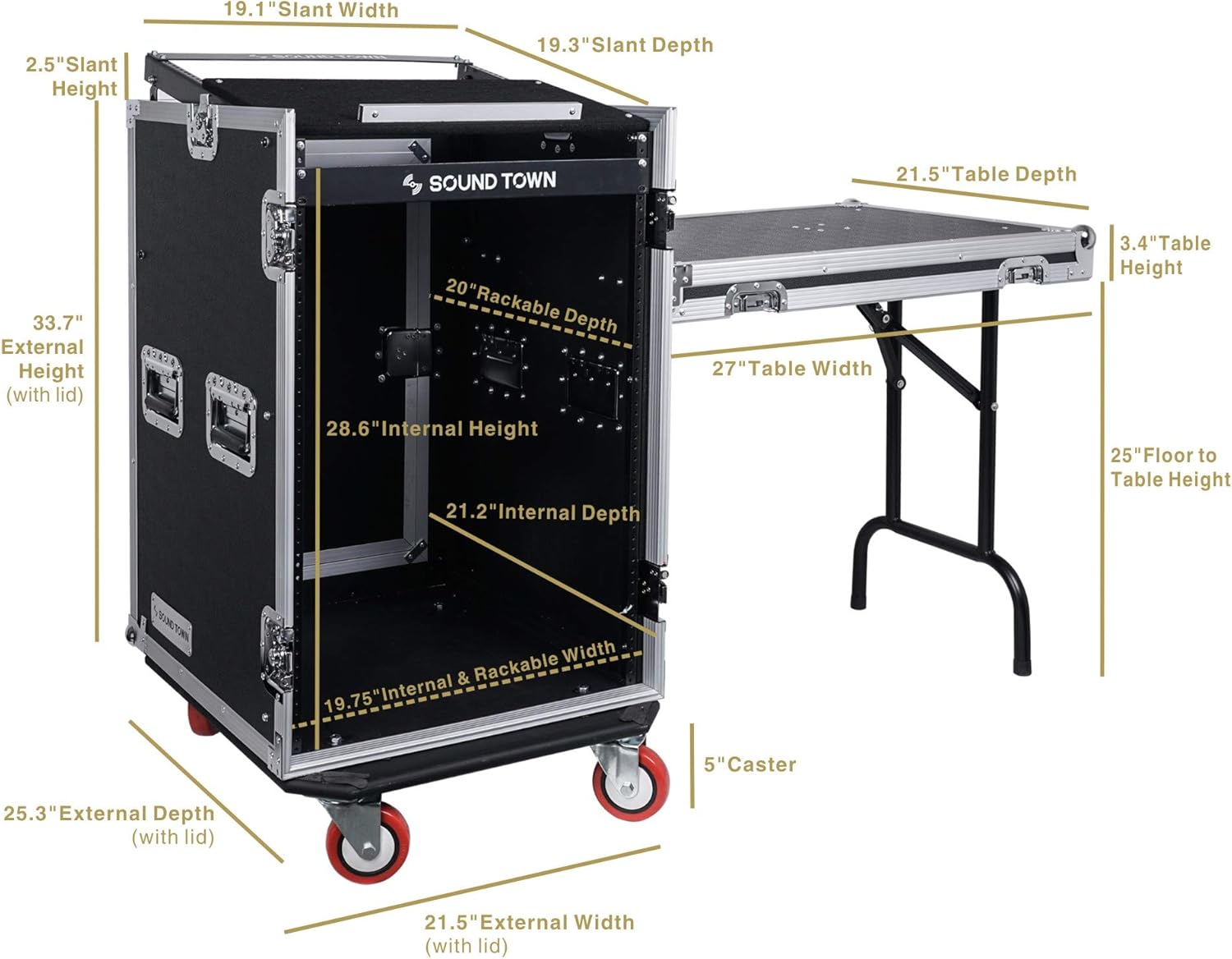 Sound Town 14U PA DJ Rack/Road ATA Case with 11U Slant Mixer Top, 20���� Rackable Depth, DJ Work Table and Casters, 14 Space Size, Pro Tour Grade (STMR-14UWT)