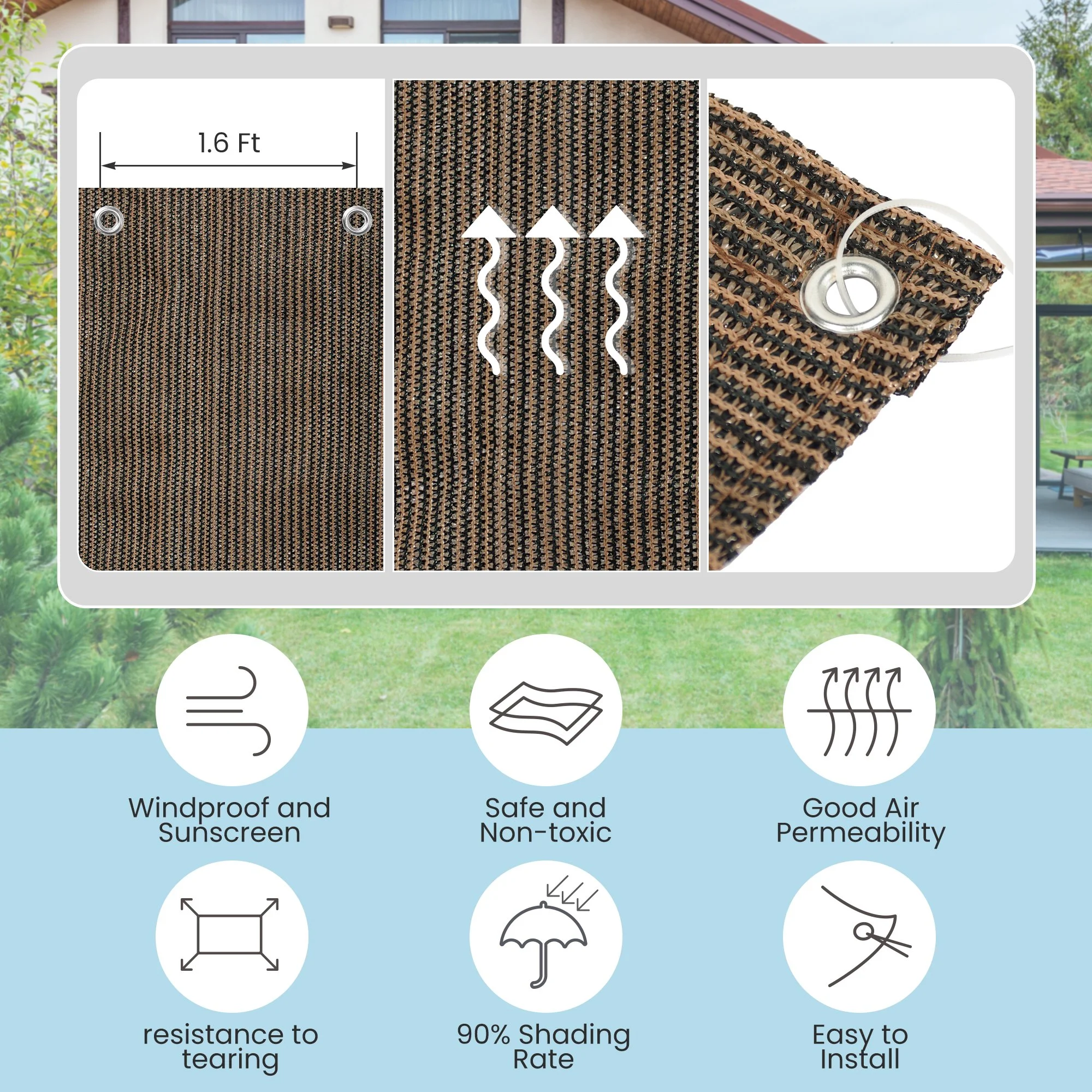 90% Shade Fabric Sun Shade Cloth Privacy Screen for Outdoor Patio Garden Pergola Cover Canopy 6x10 FT, Mocha