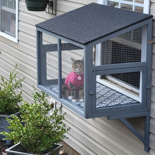 beeNbkks Bug Proof Cat Catio, Window Box Enclosure for Indoor Cats, Wooden Cat Window Perch House, Expandable for Multi Cats, Secure Comfortable Outdoor Haven for Cats, Keep Bugs Insects Out