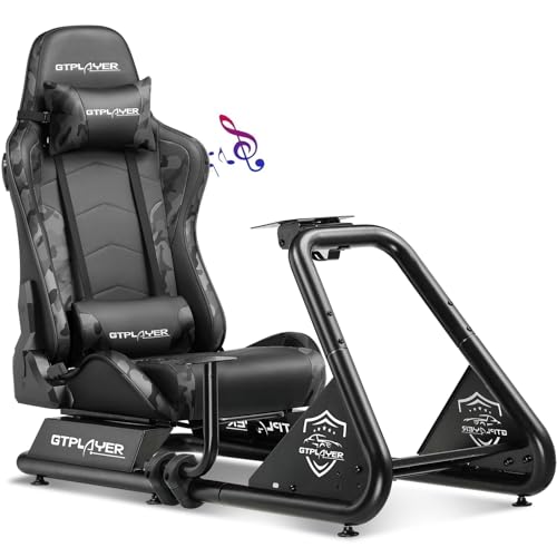 GTPLAYER Racing Simulator Cockpit with Seat and Bluetooth Speakers, Racing Style Reclining Seat and Ultra-Sturdy Alloy Steel Frame, A/B Box (Blue)