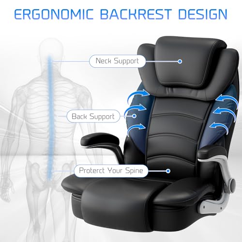Big and Tall Office Chair 400lb Wide Seat, High Back Leather Executive Office Chair with Flip-up Arms, Ergonomic Computer Desk Chairs for Home Office, Brown