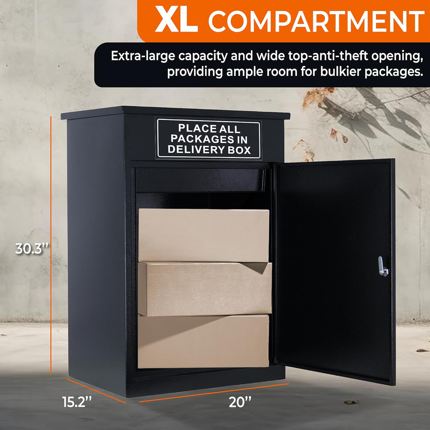 Galvanized Steel Home Parcel Box, Package Drop Box, Extra Large Mailbox, Parcel Box for Porch Delivery, Wall Mounted Lockable Anti-Theft for Porch - Black (20" x 15.2" x 30.3")
