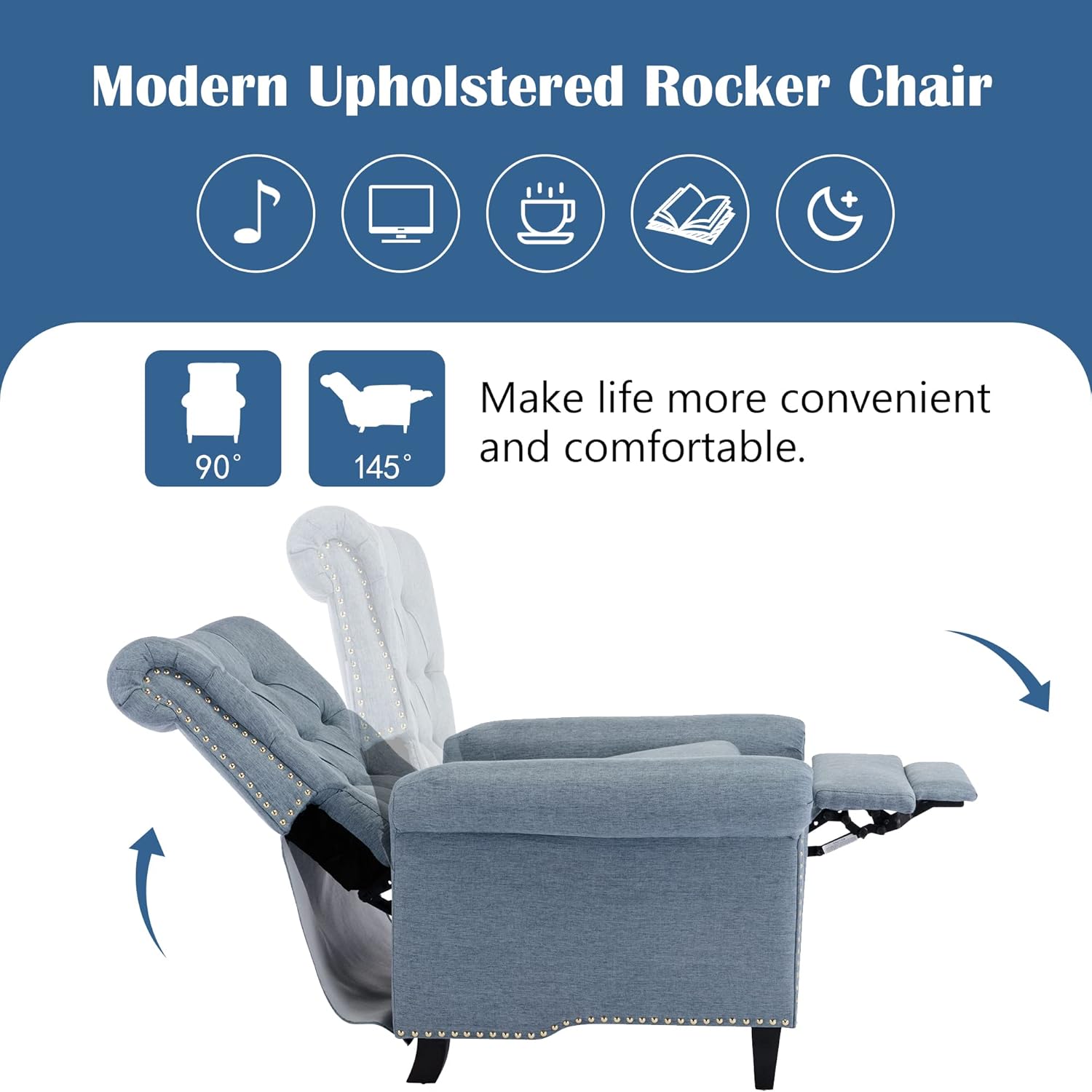 Pushback Recliner Chair, Linen Tufted Armchair Push Back Recliner with Rivet Roll Armrest, Single Sofa Accent Chair for Living Room and Bedroom