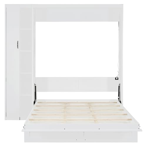 Full Size Murphy Wall Bed With Storage and Bookcase Headboard, Solid Wood Cabinets With Shelves, Drawers and USB Ports, Multi-Function Platform for Home Office, Guest Room - White