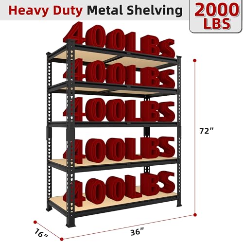 5 Tier Garage Storage Shelves - 32" W x 16" D x 63" H Adjustable Heavy Duty Metal Shelving Unit, Garage Shelving Utility Storage Rack for Basement, Pantry, Kitchen, Black, 2 PCS