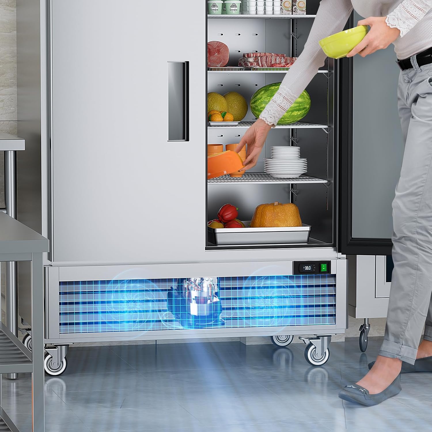 54" Commercial Refrigerators 2 Door Stainless Steel Reach in Refrigerator, 49 Cu.Ft Air Cooler Bottom Mount Fridge with 8 Shelves for Restaurant Kitchen Cafe Garage, ETL NSF Approved