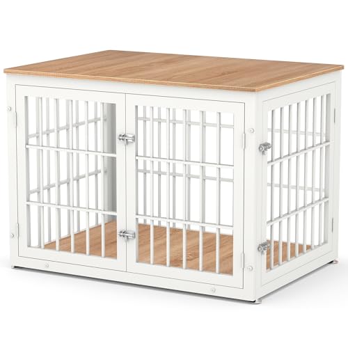 48 Inch Heavy Duty Dog Crate Furniture for Large Dogs, Decorative Pet House End Table, Extra Large Wooden Cage Kennel Furniture Indoor, Natural and White