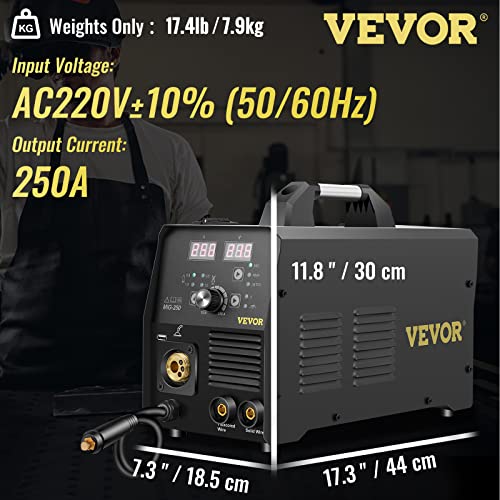 VEVOR 250Amp MIG Welder, Welding Machine 3 in 1, 220V Flux Core/Gas/Solid Wire Welding Machine w/IGBT Inverter & Torch, Digital MIG/Lift TIG/Stick Multiprocess Welder