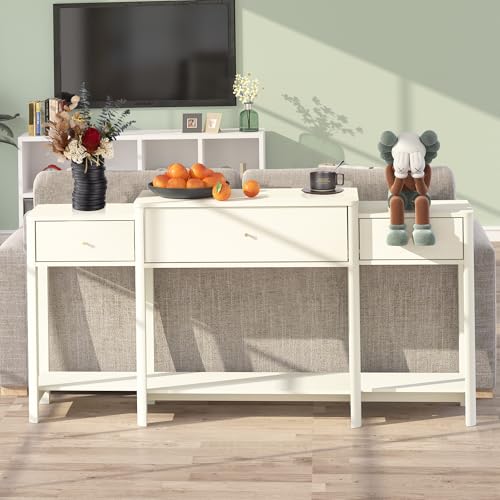 63” Console Table with Drawer,Marble Texture Top Sideboard with Open Bottom Shelf,Long Sofa Tables Behind Couch Table for Living Room Hallway, Foyer (Marble White, 63inch)