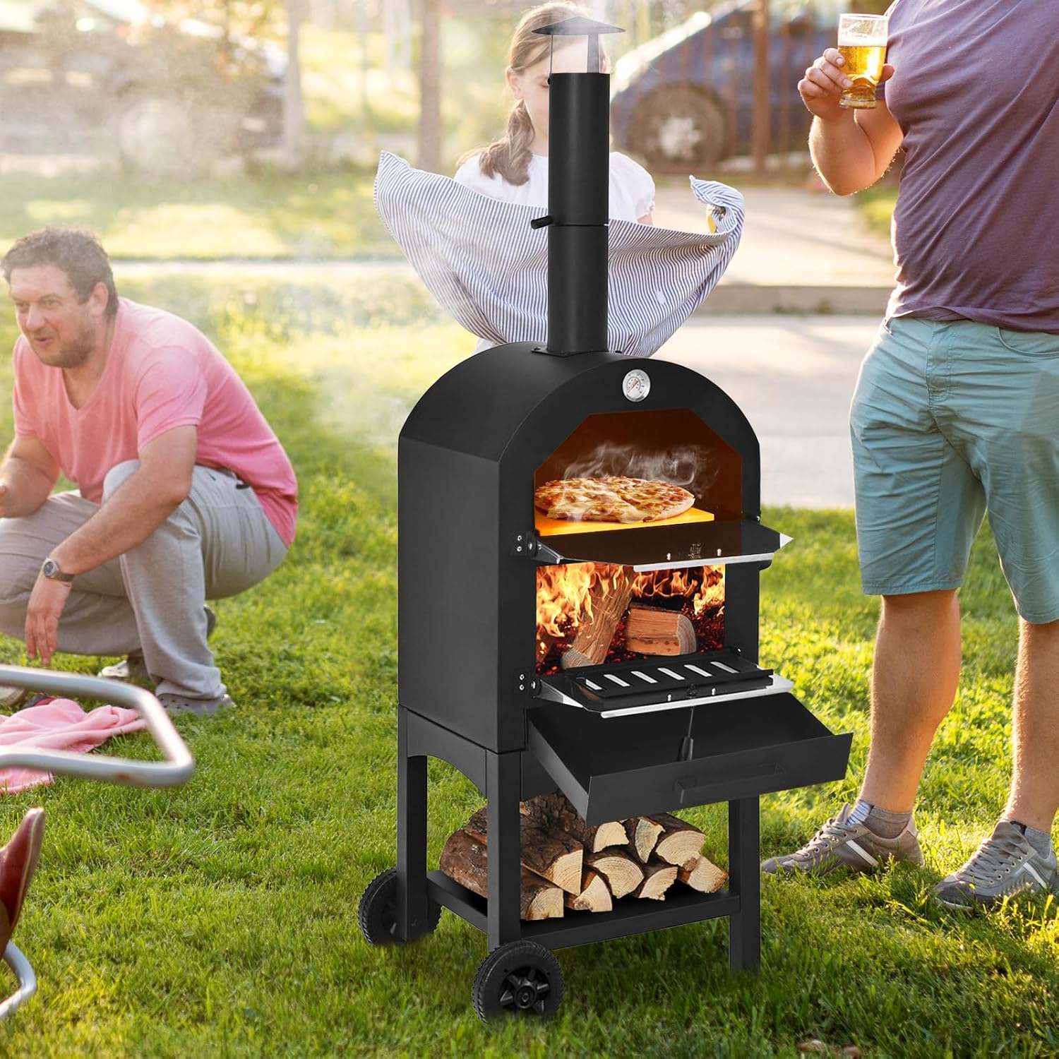 ORALNER Outdoor Pizza Oven, Wood Fired Pizza Oven Cooker with 12" Pizza Stone, Pizza Peel, Waterproof Cover, Portable Grill Pizza Maker on Wheels for Outside Backyard, Camping