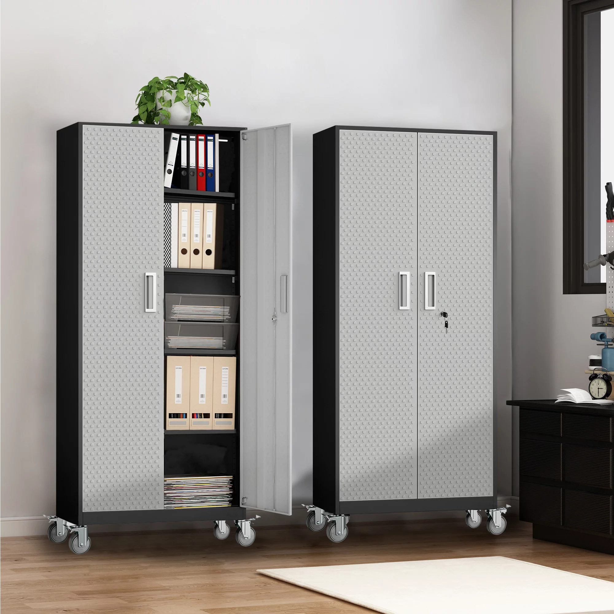 Tall Metal Storage Garage Cabinets with Wheels Locking Doors and 4 Adjustable Shelves, Double Handles, Steel Storage Cabinet for Garage, Office, Bedroom,Classroom, School,Gym (Gray with Pulleys)