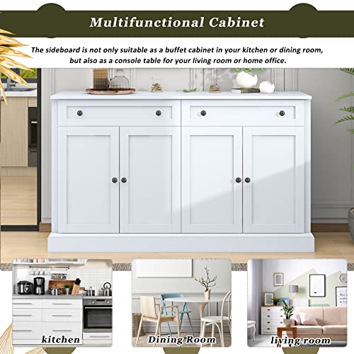 60" Sideboard Buffet with Storage, 4-Door Accent Bar Cabinet, Distressed Wood Storage Cupboard with 2 Drawers and Adjustable Shelves for Kitchen, Dining Room, Living Room, Entryway, White