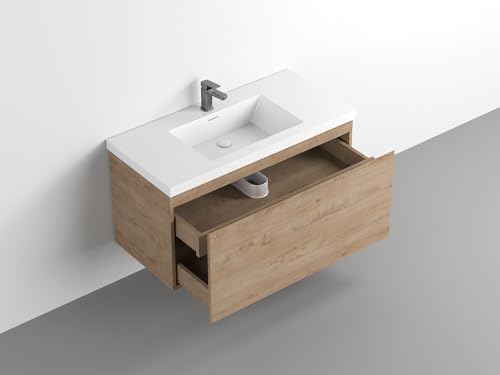 Castle White Oak Bathroom Floating Vanity with Countertop and Sink (72"" W), Yellowish