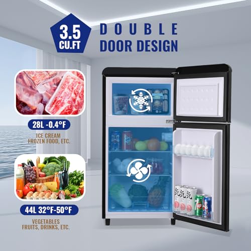 WANAI Compact Mini Refrigerator 3.2 Cu.Ft Small Refrigerator with Freezer, Retro Mini Fridge with Dual Door,7 Adjustable Thermostat, Adjustable Shelves For Dorm, Office Bedroom
