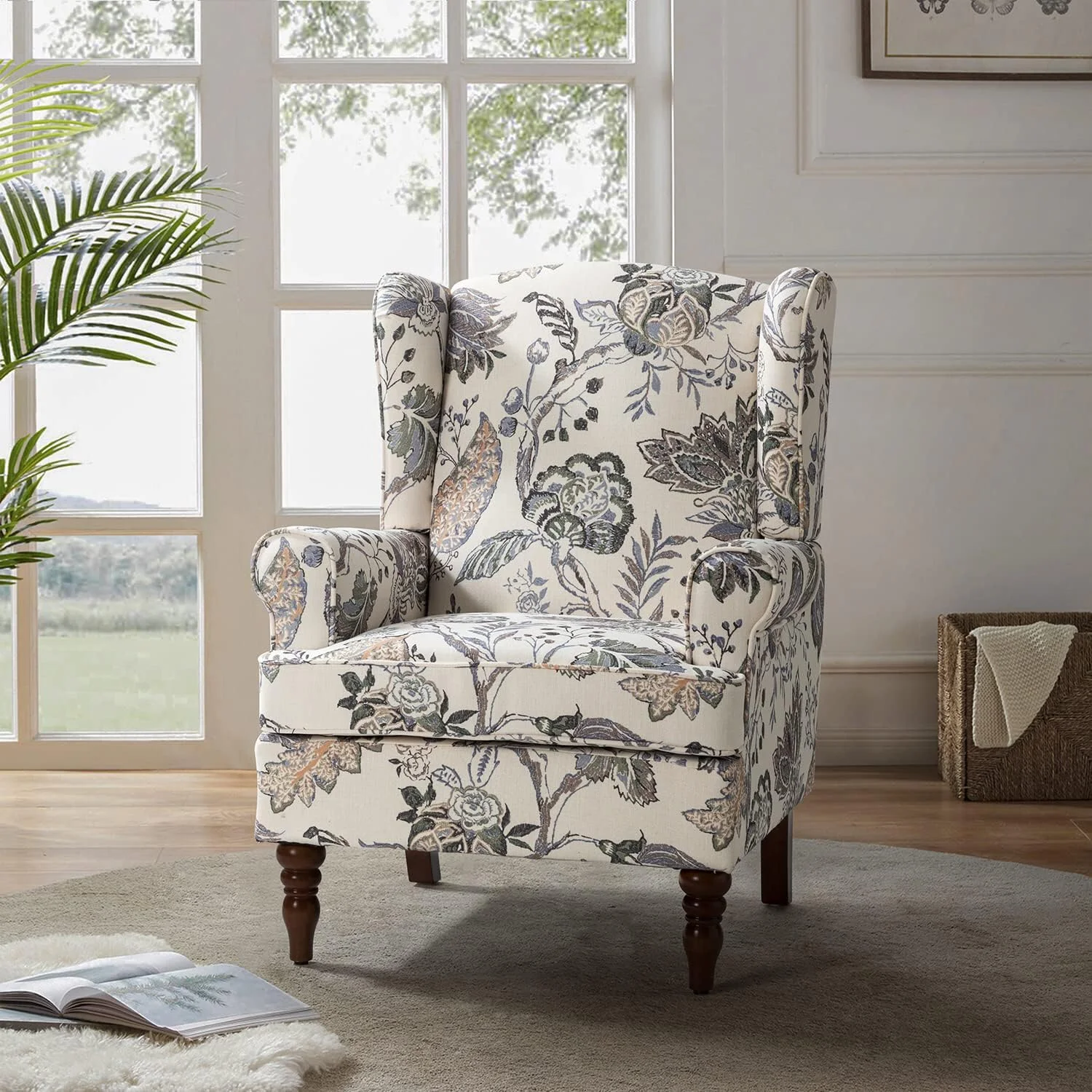 Wingback Accent Chair With Wood Legs, Traditional Fabric Armchair For Living Room Bedroom, Comfy Upholstered Single Sofa Chair Reading Chair With Unique Pattern Design, Green