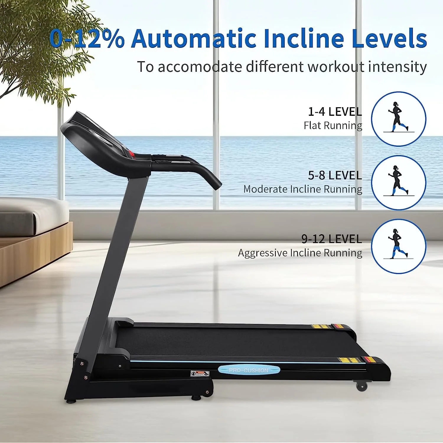 Treadmill with Incline Folding Treadmill with 12-Level Automatic Incline 2.5hp Power 8.5mhp Speed Running Machine 15 Preset Training Program Electric Treadmill for Home Use