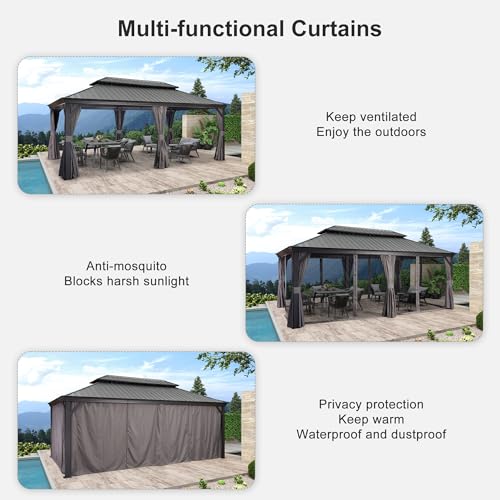 PURPLE LEAF 10' X 14' Permanent Hardtop Gazebo Aluminum Gazebo with Galvanized Steel Double Roof for Patio Lawn and Garden, Curtains and Netting Included, Grey