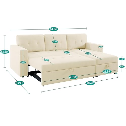 Naomi Home Jenny Sectional Sofa Sleeper with Storage Chaise, Tufted Pull Out Couch with Storage, L-Shaped Reversible Sleeper Sofa with Storage, Black,Air Leather
