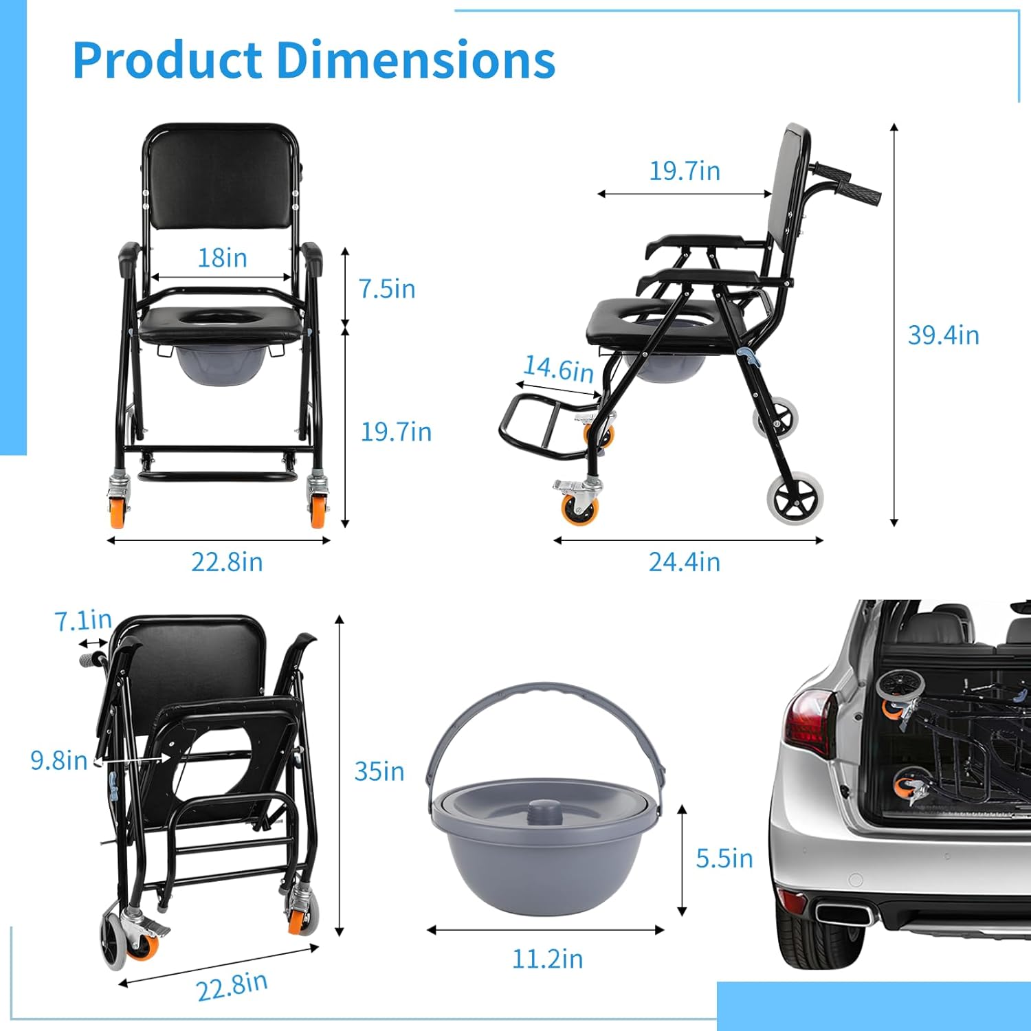 4-in-1 Bedside Commode Shower Wheelchair, Mobile Shower Commode Chair with Lockable Wheels, Foldable Potty Chair with 3 Rolls Bags, Armrests & Footrest for Elderly and Disabled-300lbs
