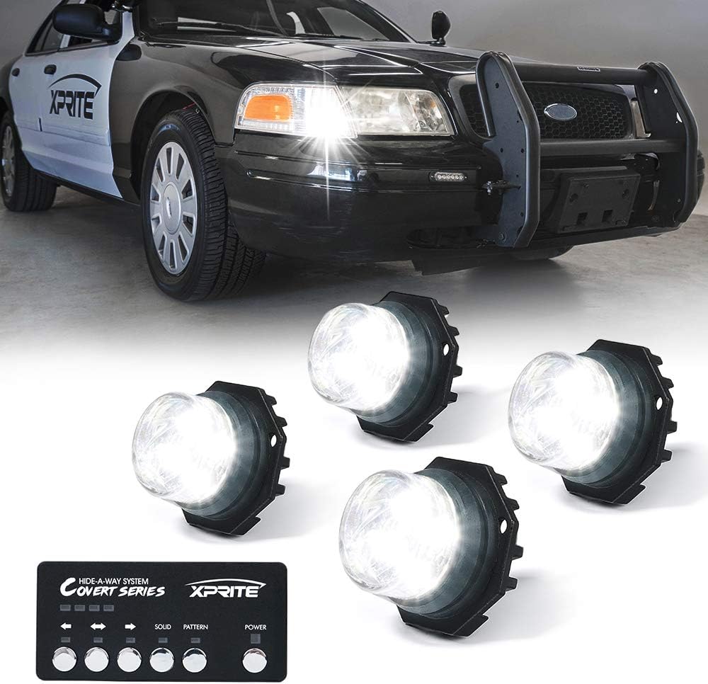 Xprite White LED Hideaway Strobe Lights Kit w/ Controller, Grille Surface Mount Hazard Warning Safety Flashing Light for Emergency Pickup Trucks Construction Vehicle Rear Tail Light Headlights 8 PCS