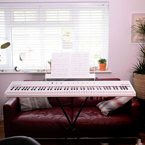 Alesis Recital – 88 Key Digital Piano Keyboard with Semi Weighted Keys, 2x20W Speakers, 5 Voices, Split, Layer and Lesson Mode, FX and Piano Lessons