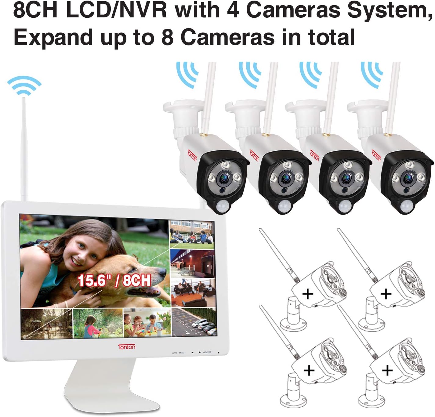 [2K&2 Way Audio&Thermal Detection] Tonton Wireless All-in-One Ultra HD Security Camera System with 16 Inch Monitor, 8CH NVR with 1TB HDD,4PCS 3MP Outdoor Bullet IP Cameras,Plug and Play