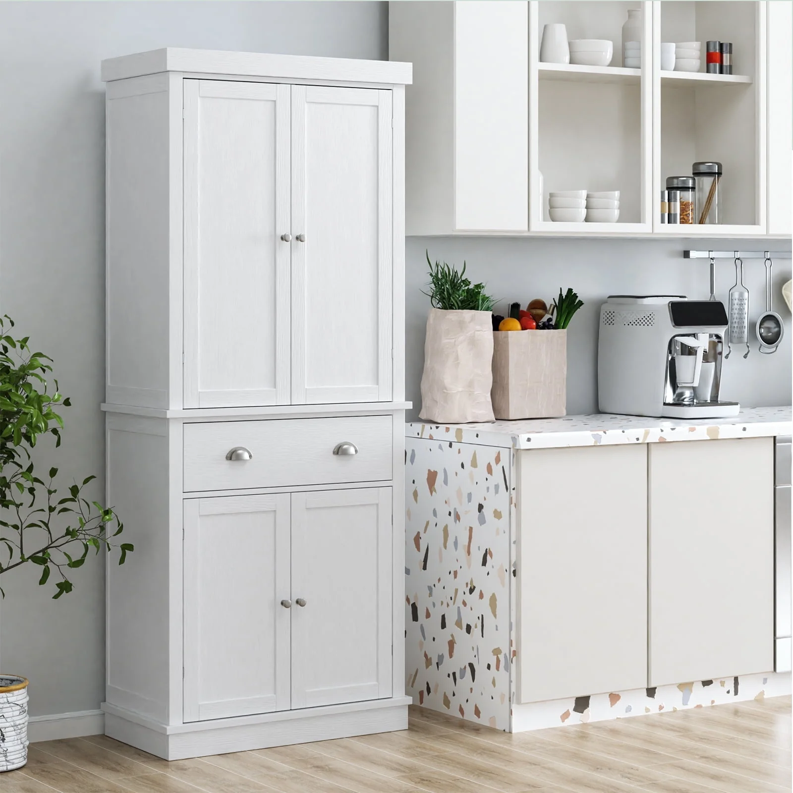 Homfa 72.4'' Tall Kitchen Pantry with 4 Doors, Large Drawer Shelves Wood Storage Cabinet for Dining Room Living Room, White