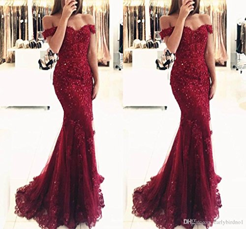 SDRESS Crystals Lace Appliques Cap Sleeve Off Shoulder Mermaid Prom Party Dress
