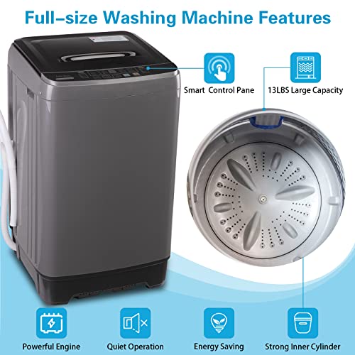 Anukis Fully Automatic Portable Washing Machine, 13 lbs Capacity Compact Laundry Washer with Drain Pump 10 Wash Program & 8 Water Levels for Apartment, Dorm, RV