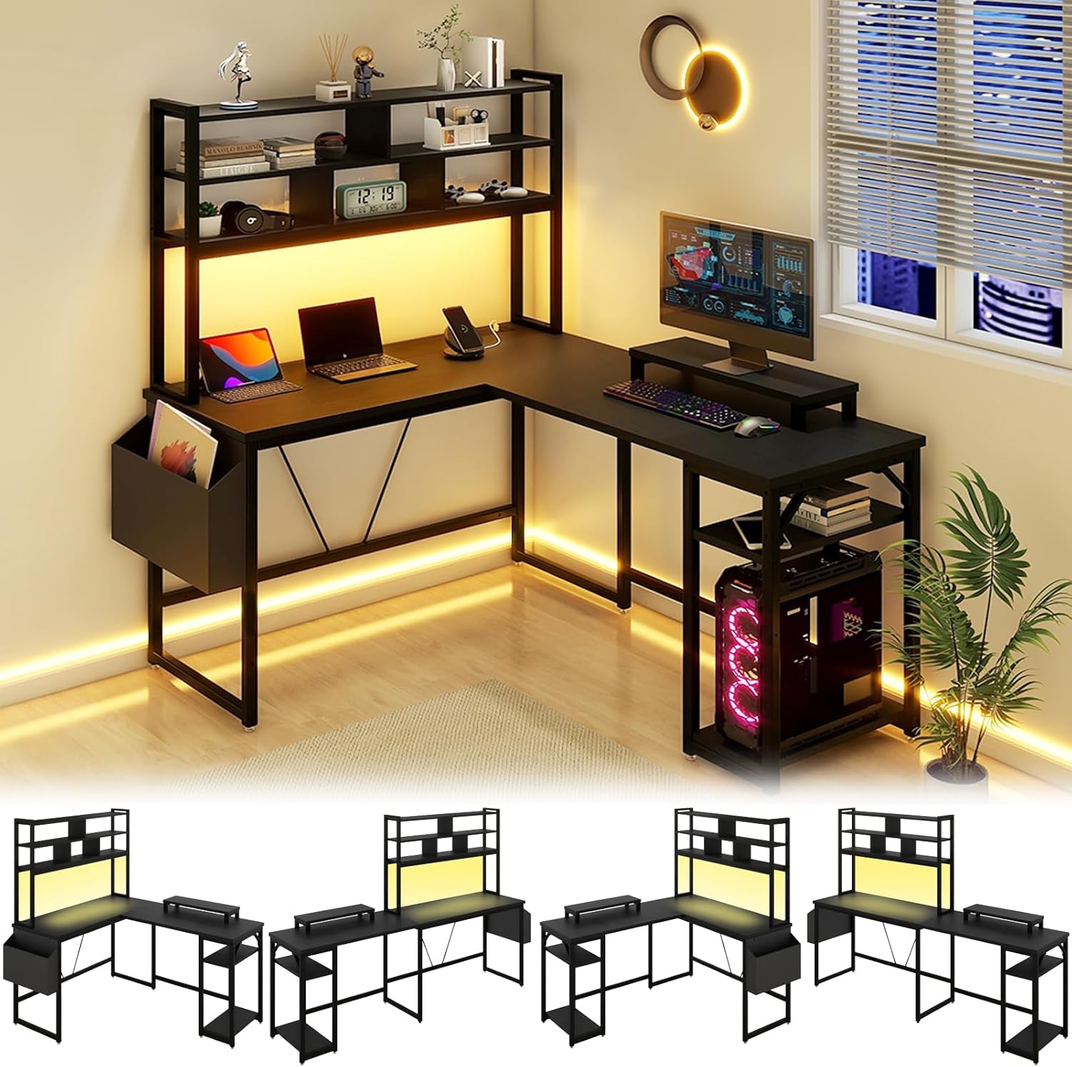 L Shaped Computer Desk with LED Sensor Lights and Power Outlets, Reversible L Shape Gaming Desk with Storage Bag and Hutch Monitor Stand, Home Office Desk with USB Port
