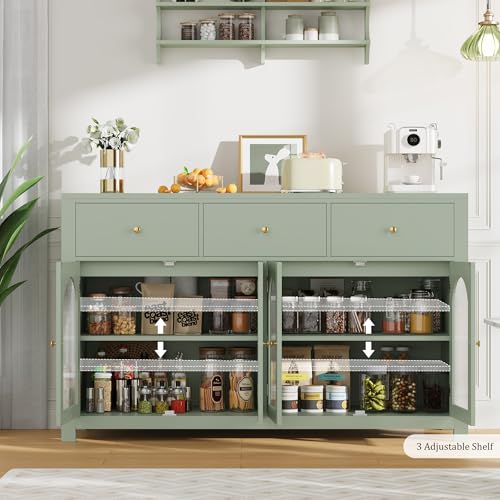 FINETONES Buffet Cabinet with Storage, 55.1" Large Sideboard Buffet Farmhouse Kitchen Cabinet with 3 Drawers and 4 Doors, Wood Coffee Bar for Kitchen, Black