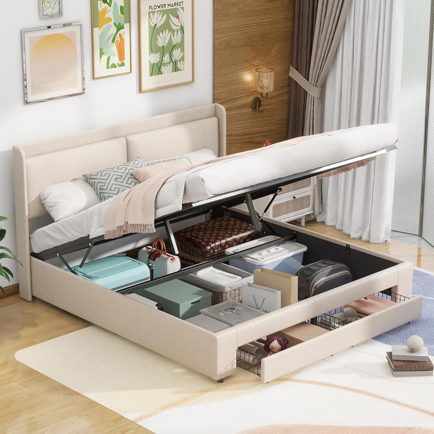 Queen Size Upholstered Hydraulic, Modern Platform Bed Frame with Lift Up Storage Space, 2 Drawers and Wingback Headboard, for Bedroom, Guestroom, Beige