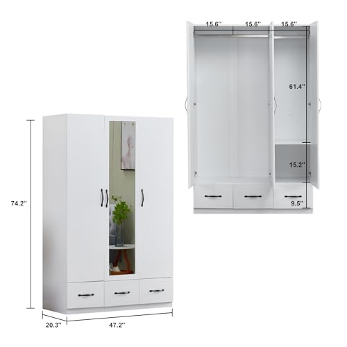3-Door Armoire Wardrobe Closet Storage, Wood 3 Drawers White Closet Cabinet for Large Capacity with Hanging Rod and Metal Handles for Tall Cabinet Closet 47.3" L x 20.3" W x 74.2" H