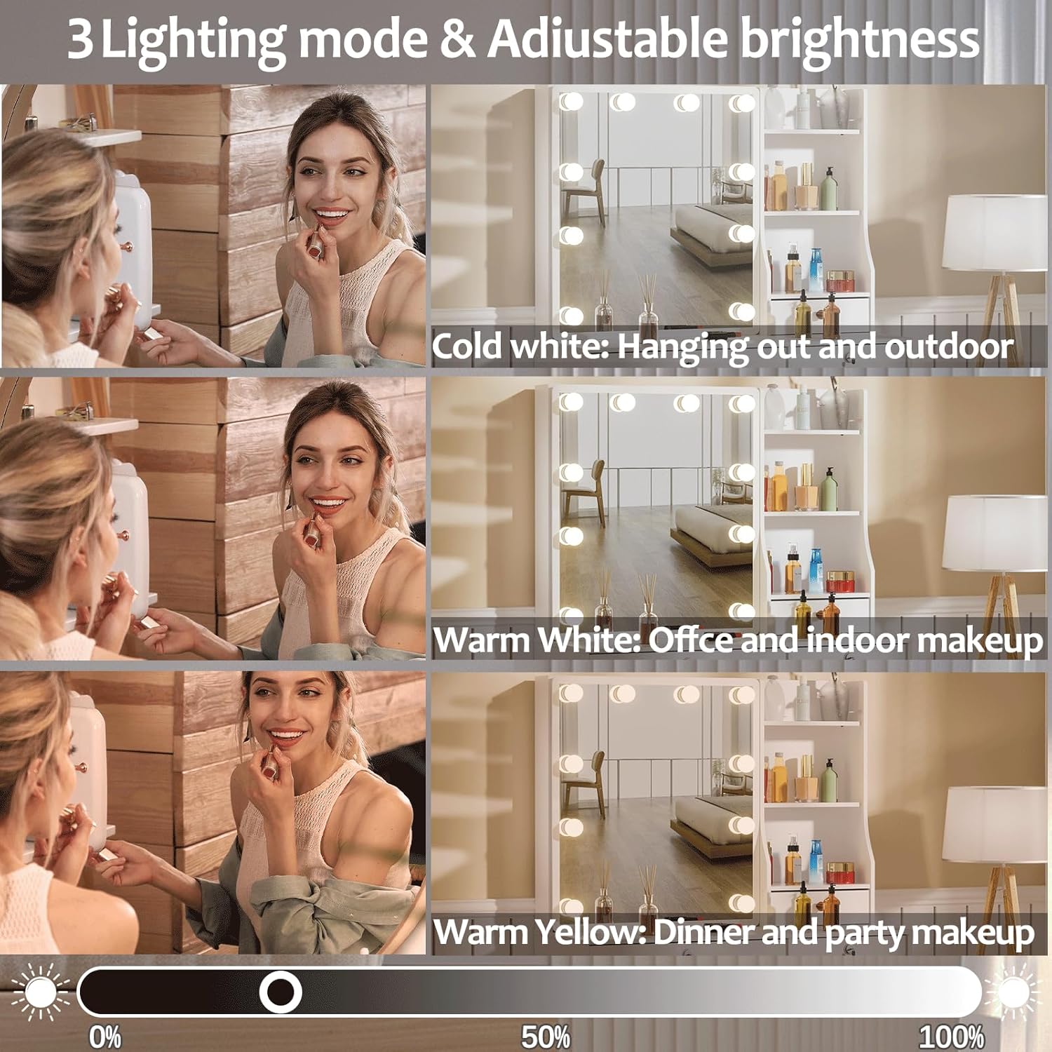 Girls Makeup Vanity with Sliding Mirror and Lights for Home, Hollywood Style Vanity Desk with Lockable Drawers and Cabinets, Dressing Cosmetic Table with Soft Chair for Girls