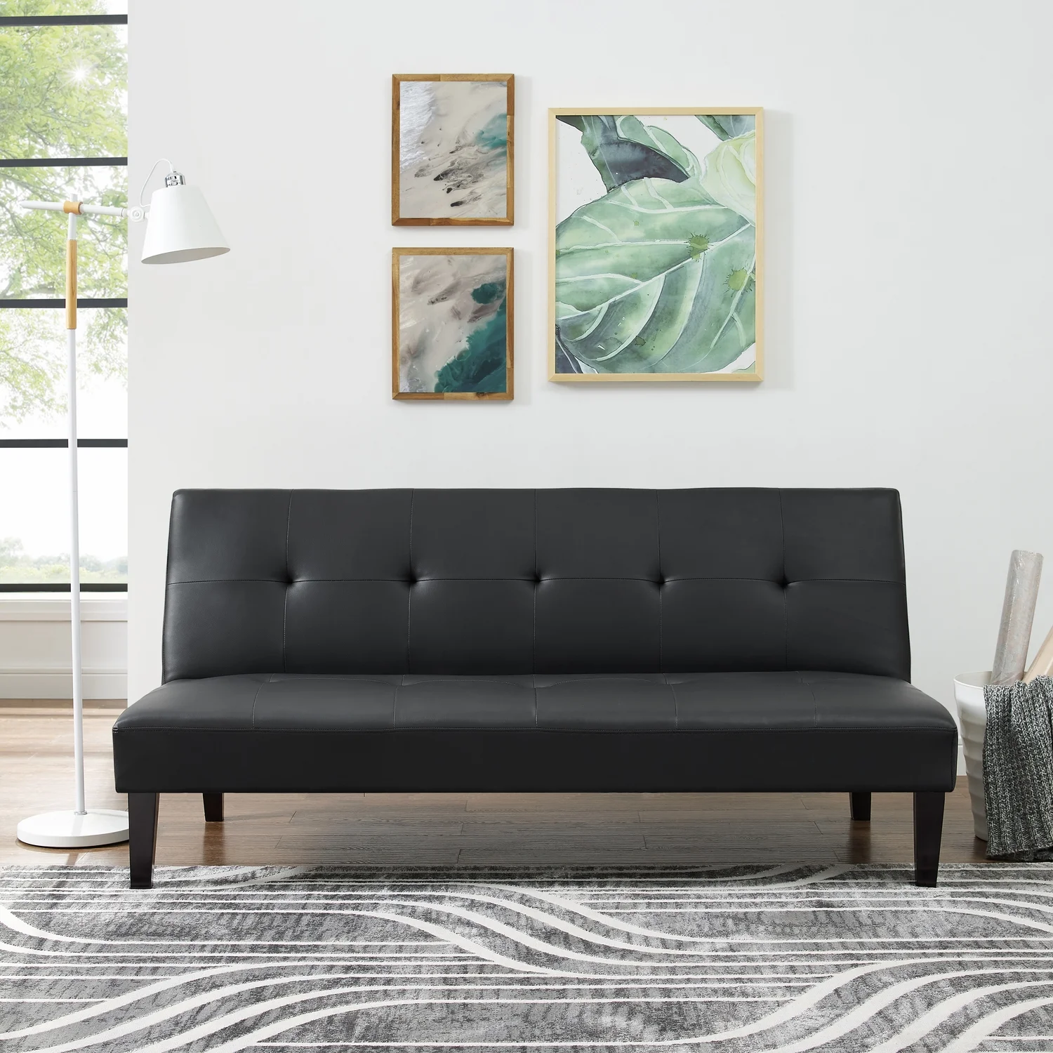 Modern Tufted Convertible Futon Sofa Bed, Folding Sofa Couch with Wooden Legs, Reclining Small Couch, Durable and Sturdy Futon Sofa, Faux Leather, Black