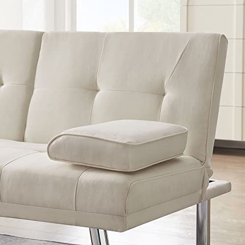 Convertible Folding Futon Sofa Bed,PU Leather Upholstered Modern Couch Loveseat Sleeper, Folding Daybed Guest Bed, Removable Armrests, 2 Cup Holders, Metal Legs (Beige)
