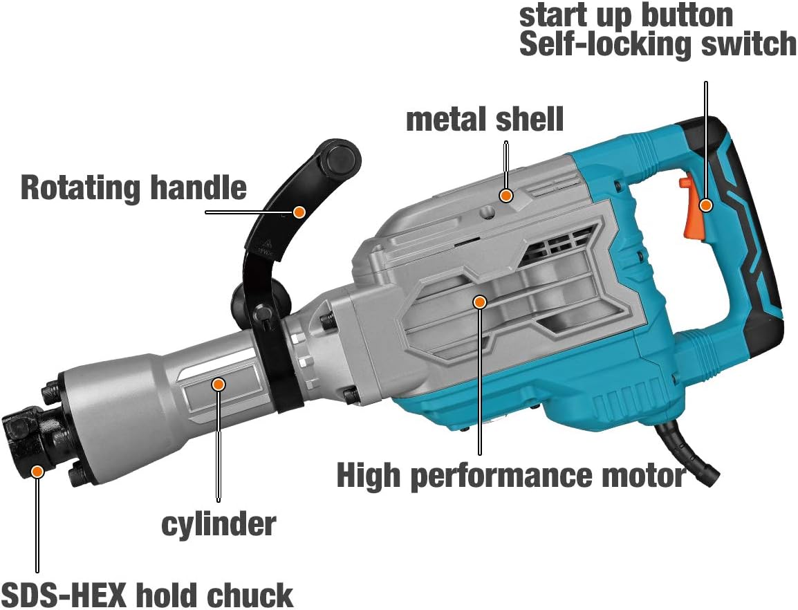 Berserker 1700W 30-Pound SDS-Hex Jack Hammer,1-1/8 14-Amp Corded Electric Heavy Duty Demo Demolition Chipping Hammer Concrete/Pavement Breaker with Carrying Case Flat Chisel Bull Point Chisel