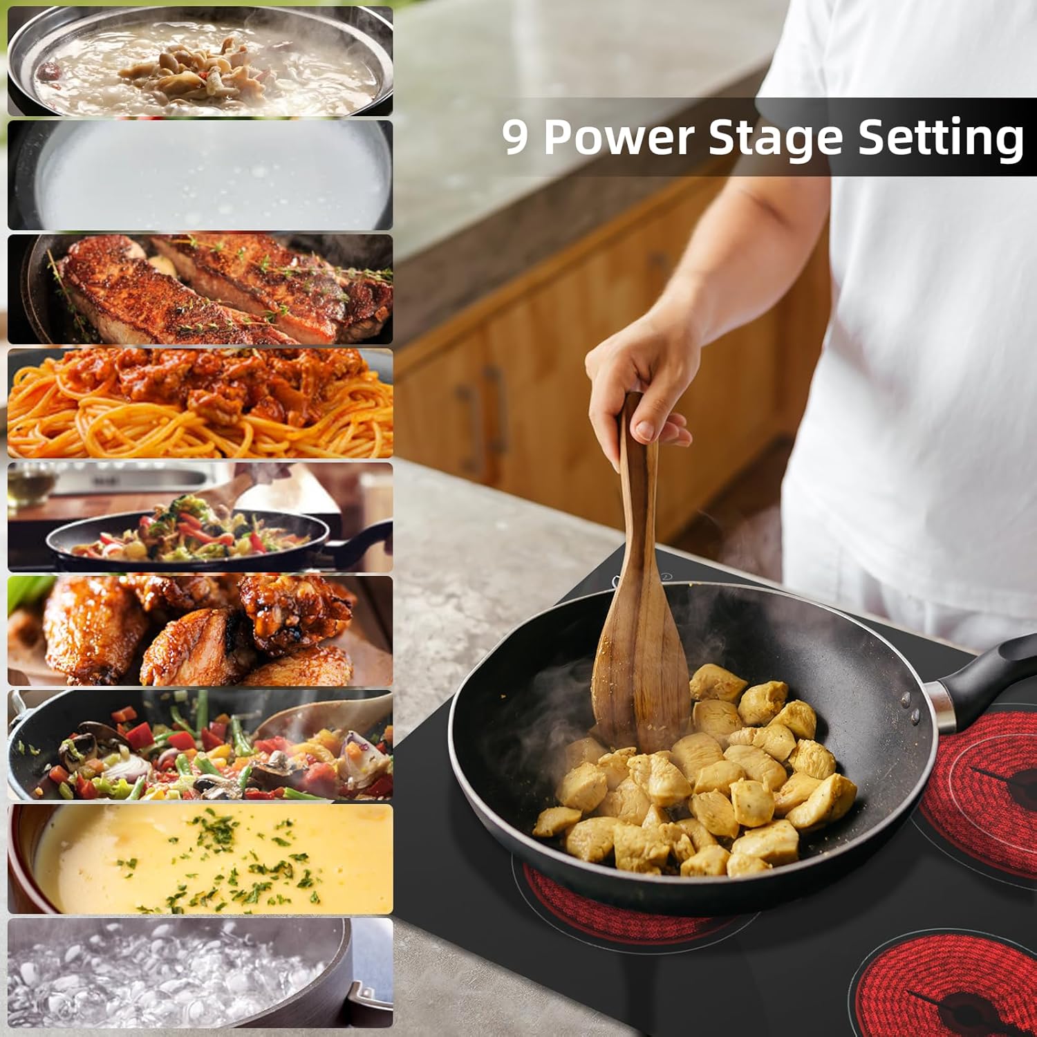 Electric Cooktop 24 inch Ceramic Stove 4 Burners Built-in Electric Stove 220-240V Electric Ceramic cooktop in Black, Control by Knob/Child Lock/9 Power Levels/Timer