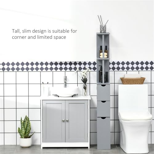 Slim Bathroom Cabinet with 3 Drawers Skinny Tall Room Divider Standing Shelf Freestanding Narrow Slim Gap Floor Organizer Side Unit for Small Spaces Towels, Tissues Bathroom Storage Shelf (Style C)