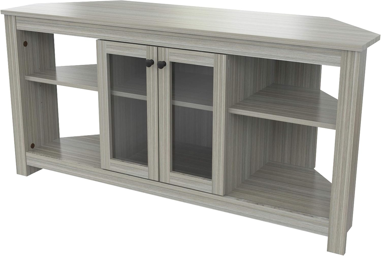Inval Corner TV Stand with Glass Doors, Smoke Oak