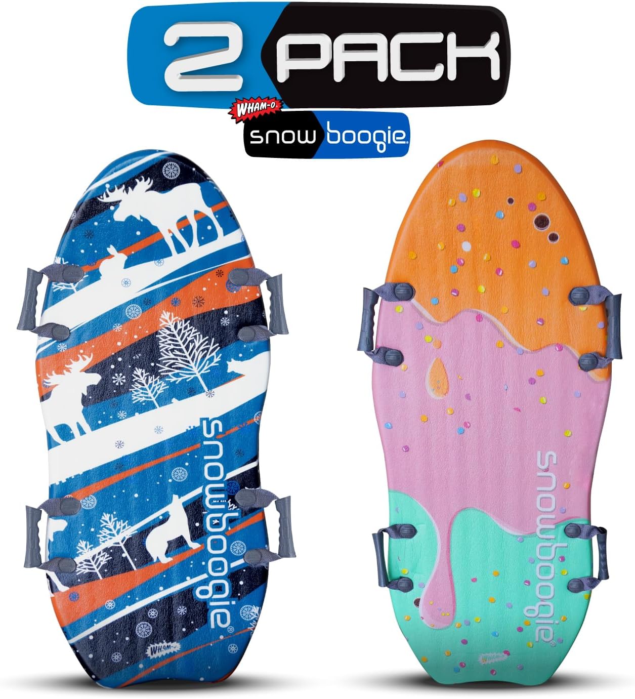 Wham-O Snowboogie Alpine Rocket 48" | 2 Pack | Double Rider Snow Foam Sleds | Snow Sledding for Adults & Children ( 2 Pack, Purple, Pink )