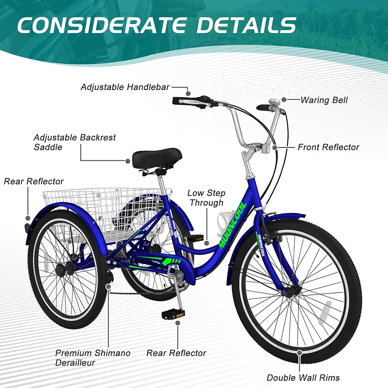 Docred Adult Tricycle 7 Speed 24 Inch Three Wheel Bike Cruiser Trike for Men/Women/Seniors