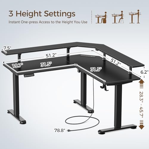 Rolanstar Standing Desk L Shaped with LED Light and Power Outlet, Electric Height Adjustable Desk with Monitor Stand, Sit Stand Up Desk, Computer Office Desk, Black