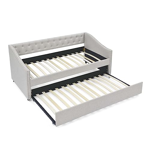 Full Size Upholstered Daybed with Pull Out Twin Trundle, Multifunctional Tufted Sofa Bed Frame with Button Nailtrim Arms and Wood Slat Support, No Spring Box Needed (Beige, Full)