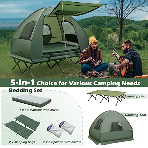 BANGTANE Tent Cot for Camping, All-in-1 Folding Tent Combo w/Air Mattress, 2 Sleeping Bags, Carry Bag & Foot Pump, Off Ground Travel Cot for Hiking, Backpacking, Fishing & Picnic