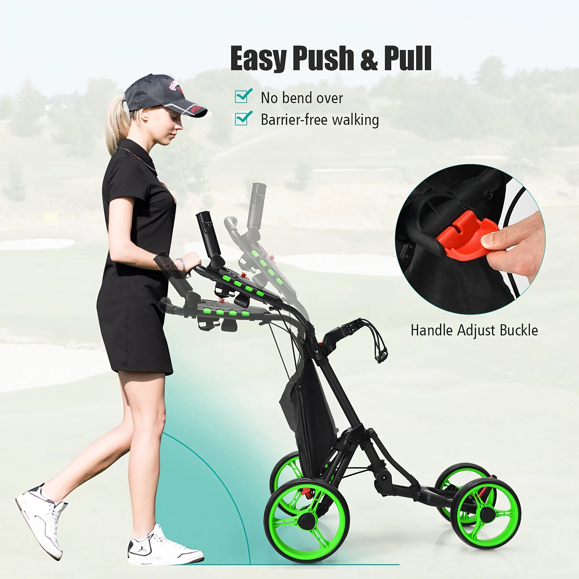 PGAST 4-Wheeled Golf Push Cart-Compact Folding Design, Adjustable Handle, Built-in Scoreboard-Accessories Bag Included, Ideal for Golf Enthusiasts - Curated Treasures Market