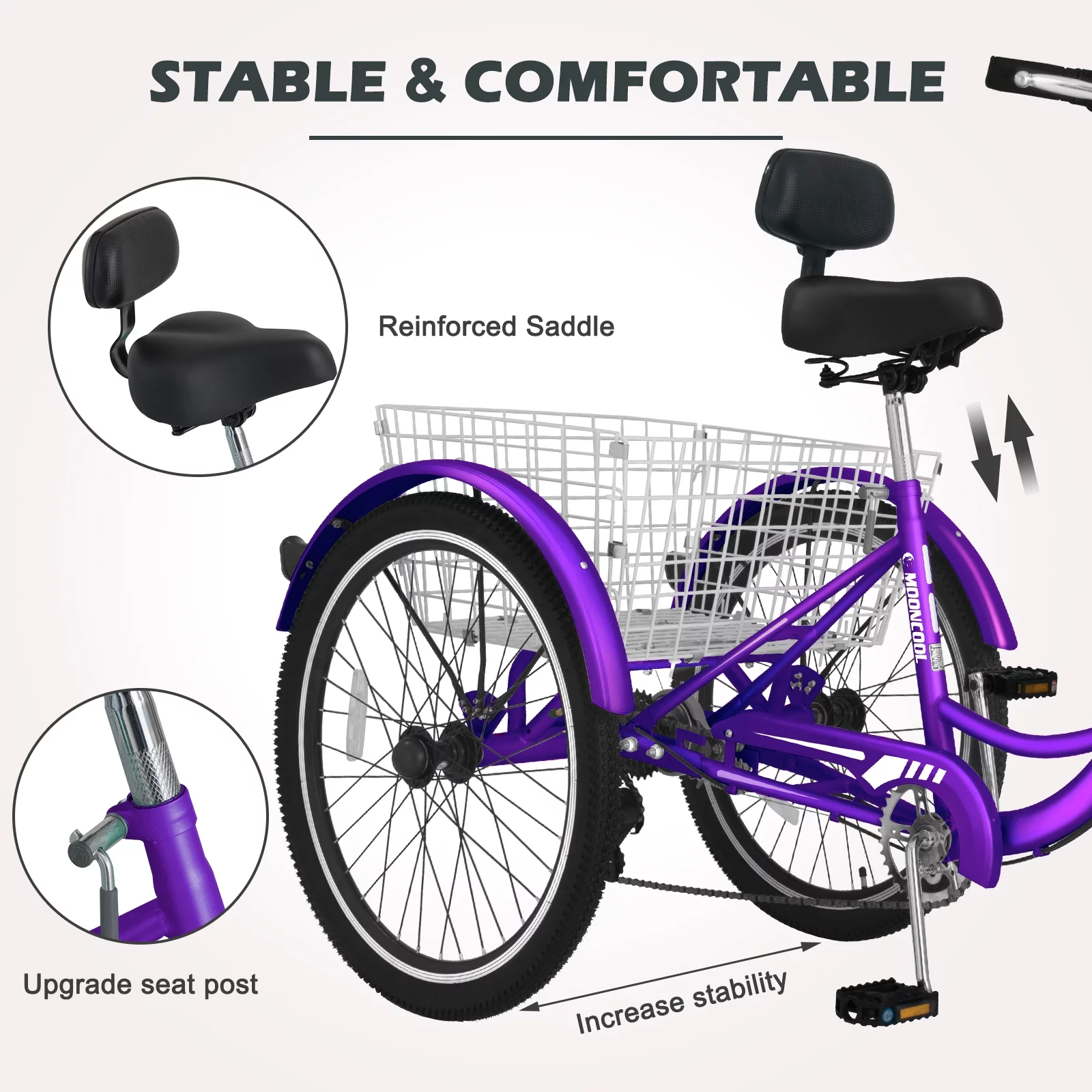 NAIZEA 20"/24"/26" Adult Tricycles, 7 Speed Three Wheel Bike Cruiser Trike with Large Basket for Men, Women, Seniors