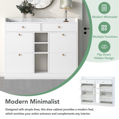 Modern Cabinet with 4 Flip, Multifunctional 2-Tier Storage Organizer with Drawers, Free Standing Shoe Rack for Entrance Hallway, Black