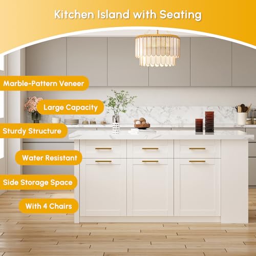 homary 72'' Kitchen Islands with Storage Modern White Kitchen Table with Seating & 3 Drawers Dining Table