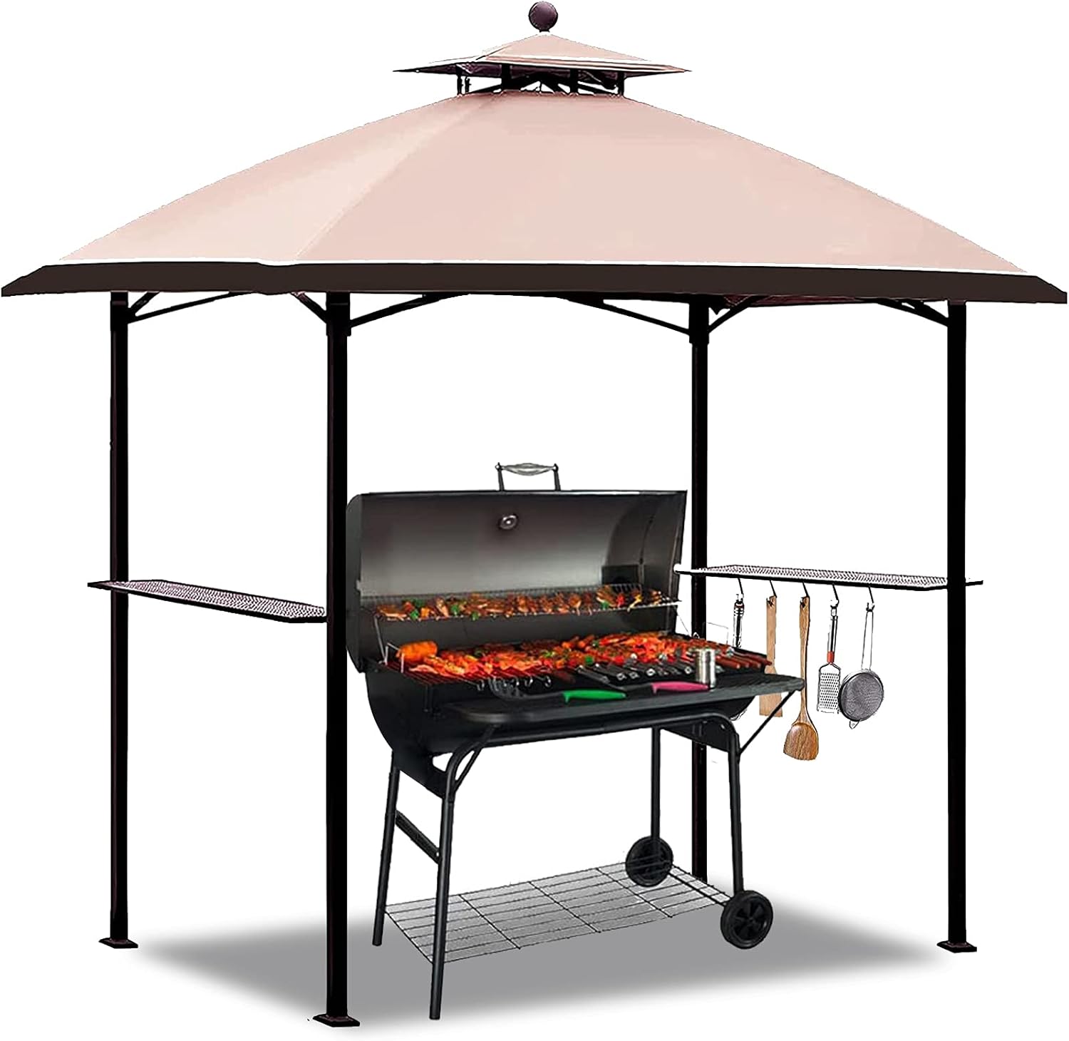 CoastShade 8'x 5' Gray Grill Gazebo Double Tiered Outdoor BBQ Canopy,Grill Gazebo Shelter for Patio and Outdoor Backyard BBQ's with LED Light x 2 (Gray)